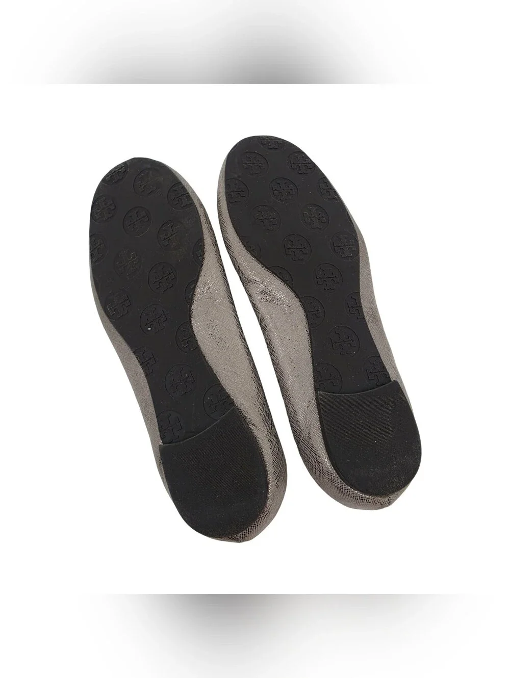 Tory Burch Reva Ballet Flats Pewter Metallic Textured Leather Size 5.5